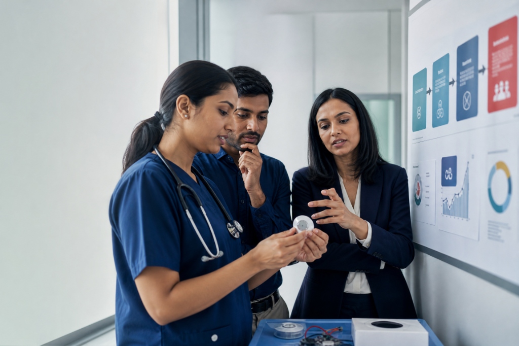 Engineers and healthcare experts inspecting wearable medical prototype