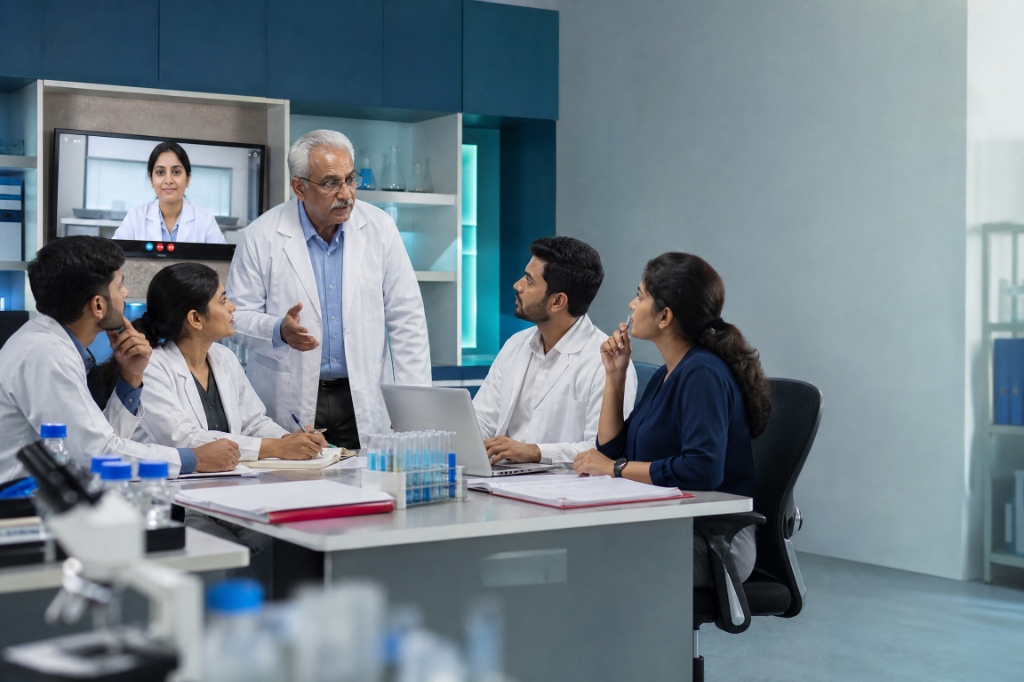 Laboratory innovation team conducting live clinical trial demo
