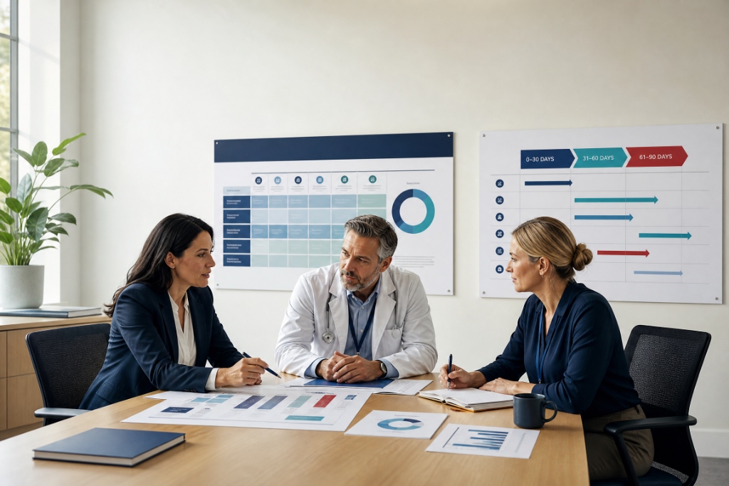Medical intelligence team reviewing clinical papers in conference room